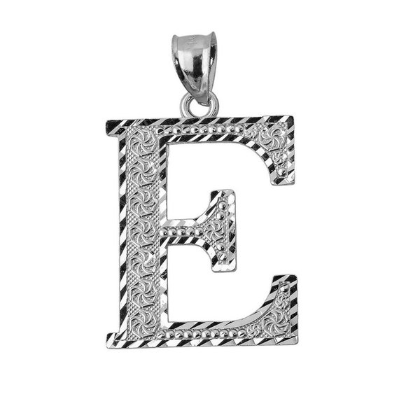 925 Sterling Silver Diamond Cut Large Initial Letter E Roman Pendant Necklace